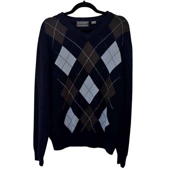 Giasone Other - Giasone Sweater Mens Large Navy Argyle 100% Cashmere V Neck Preppy Academia